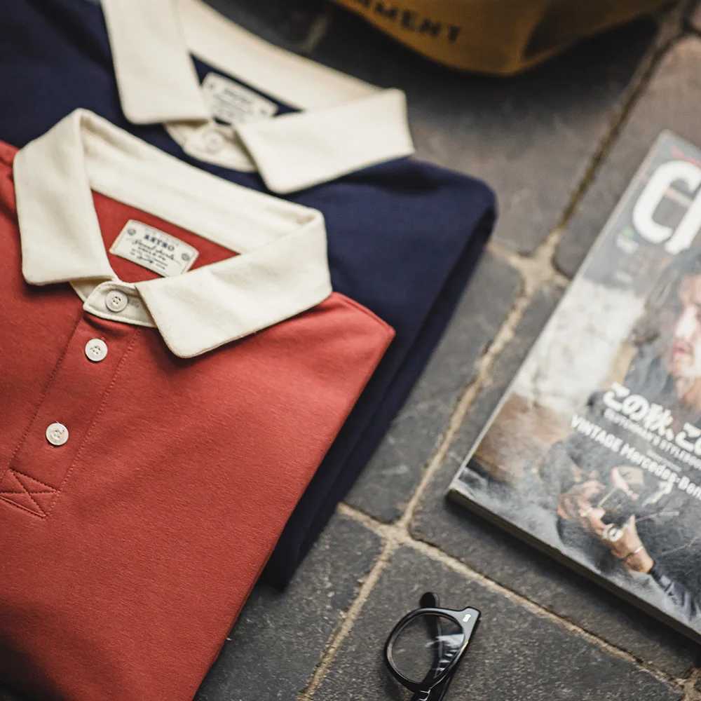 Madden New American Retro Knitted Comparison Polo Shirt Academy Style Loose Collar Long Sleeve T-shirt Mens Spring Top W240913