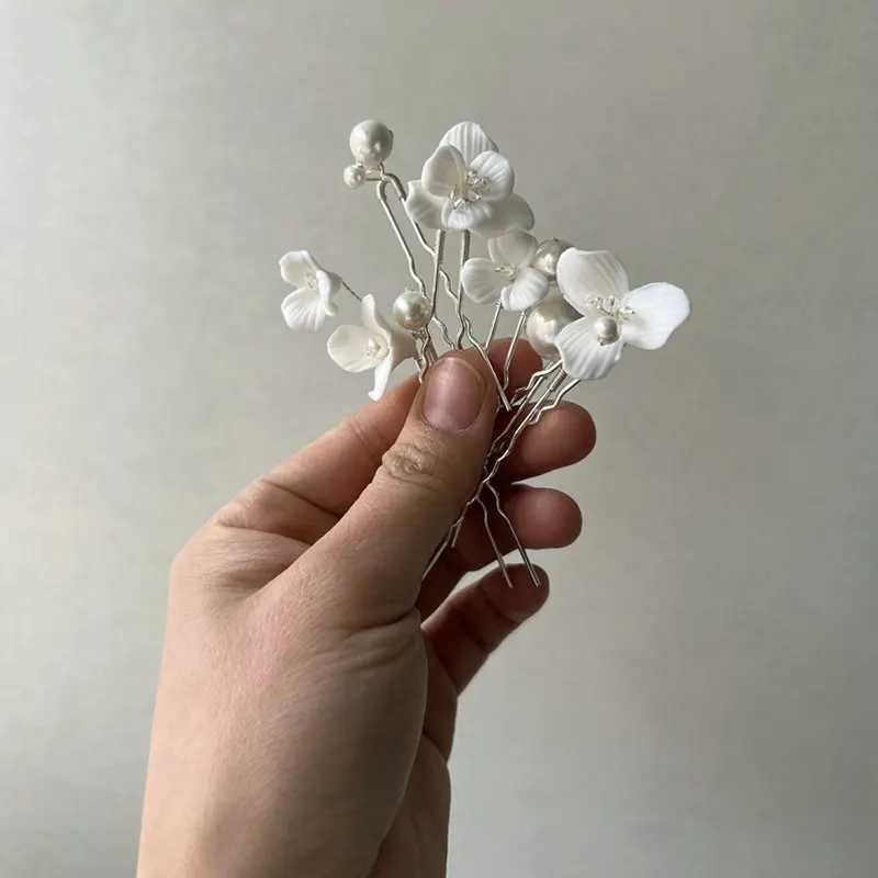 6Pcs/Set Ceramic Flower Bridal Hairpin Tiara Accessories New Arrival Simple Pearl Wedding Headpiece Jewelry For WomenX240913