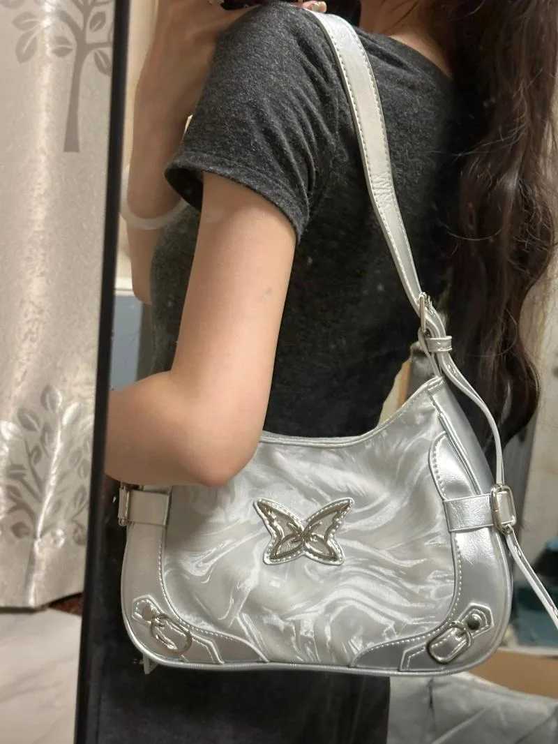 Vintage Butterfly Handbags for Women Silvery Y2k Gothic Underarm Shoulder Bag Spice Girls Fashion High Street Biker Bags 240913