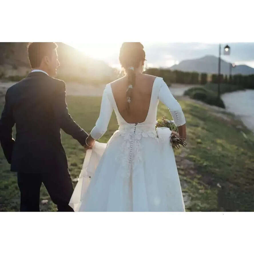 Gown Wdding 3/4 Backlss Drsss Bridal With Long Ss A Lac Appliqu Swp Train Satin Custom Mad Scoop Nck Tull Plus Siz Vstido D Novia ppliqu