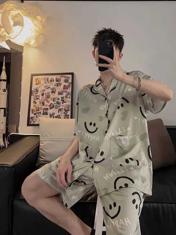 Pijamas Men Ice Silk Sleepwear Short Sleeve Tops Cardigan Shorts Two-piece Sets Summer Loungewear Casual Pajamas Sets New Y240913