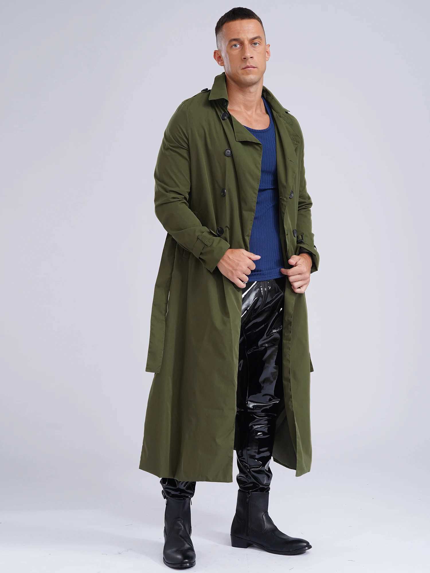 men Motorcycle long jacket double-breasted trench coat Outerwear daily casual wear Long Sleeve Jacket Overcoat with Belt Y240913