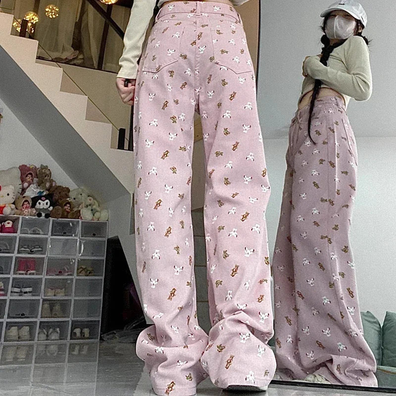2024 Woman High Waist Korean Sweet Wide Leg Jeans Lady Y2k Casual Cutecore Pants Female Fashion Kawaii Pink White Denim Trousers