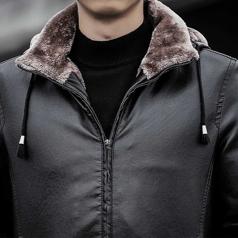 Mens 2024 Winter Warm Faux Leather Jacket Men Solid Long Sleeve PU Leather Coat fur Collar Fit Mens Jacket hooded Coats jacketX240913