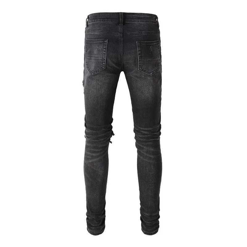 Men Cracked Leather Patch Biker Jeans Streetwear Pleated Patchwork Holes Ripped Stretch Denim Pants Skinny Tapered Trousers M240912