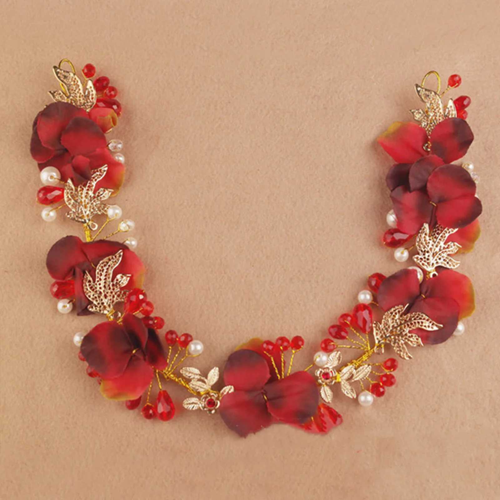 Artificial Flower Hairband Wedding Tiaras For Women Red Floral Pearl Headband Elegant Girls Hair Hoop Bridal Headwear JewelryX240913