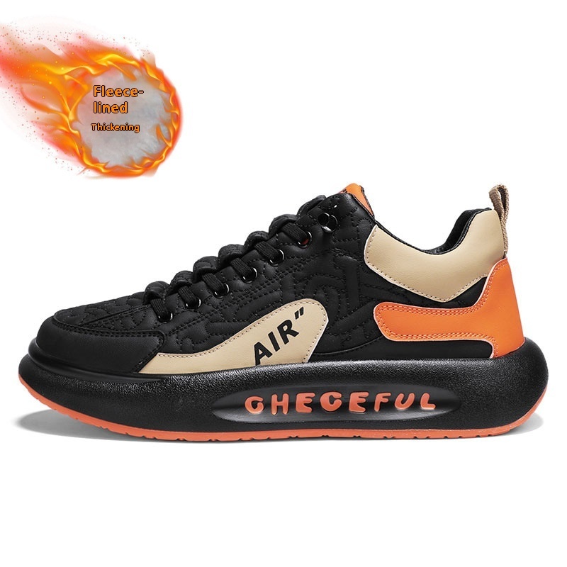 Leather low cut ankle sports for students, outdoor men, thick soled casual shoes, autumn and winter new styles, with plush warm cotton shoes