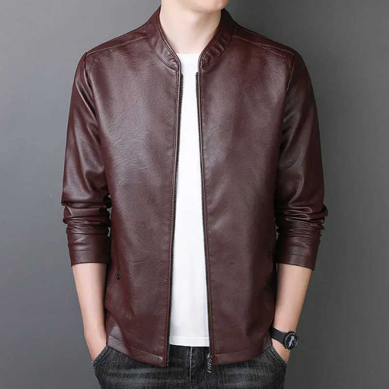 Trend Motorcycle Jacket Mens Fashion Leather Jacket Slim Fit Neckline PU Jacket Male Anti-wind Motorcycle Jackets Men Biker CoatX240913