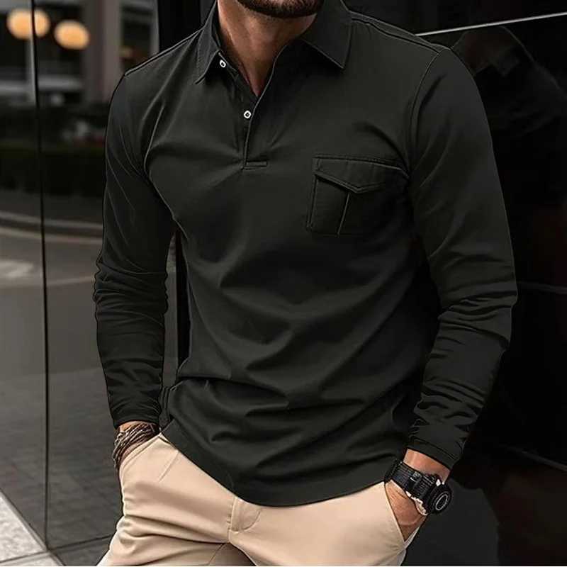 Mens Breathable Polo Shirt Solid Color Long Sleeve High Quality Mens Top Social Business Polo Classic Mens T-shirt W240913