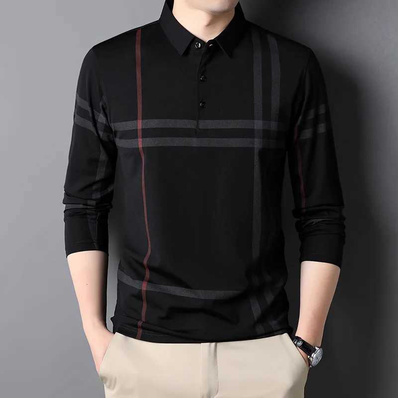 2023 Spring/Autumn Business and Leisure Slim Fit Polo Shirt Mens Korean Fashion Striped Collar Button Long Sleeve T-shirt Ropa Hombre W240913
