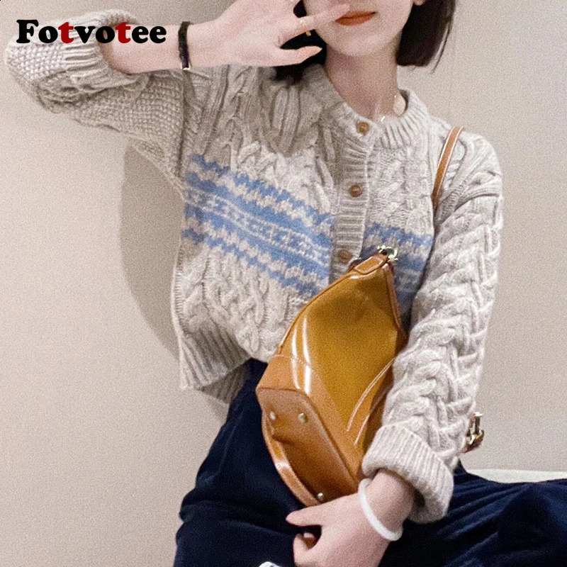 FOTVOTEE Sweater for Women Single Breasted ONeck Knitted Coat Autumn Stretch Fashion Long Sleeve Female Cardigans 240904