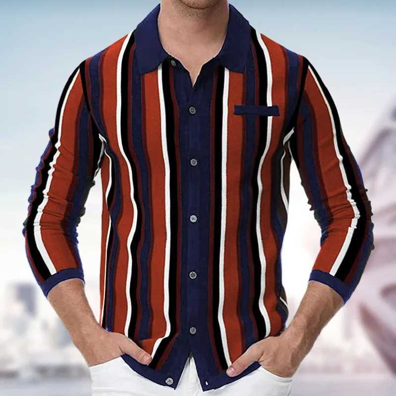 Autumn clothing mens knitted patch work polo shirt street clothing retro elastic button long sleeved casual knitting W240913