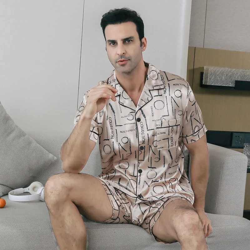 2-piece pajama mens summer short sleeved shorts with ice silk thin letter print lapel cardigan sleepwear home suit Y240913