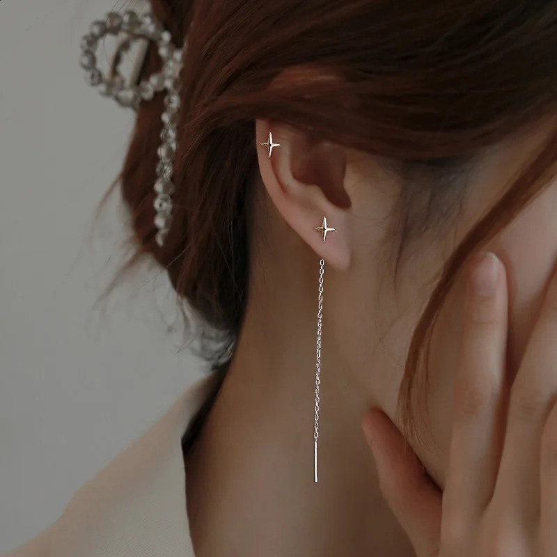 JWER Trend Long Wire Tassel Thread Chain Climb Star Heart Beads Pendants Drop Earrings Straight Hanging Earings Jewelry 240906