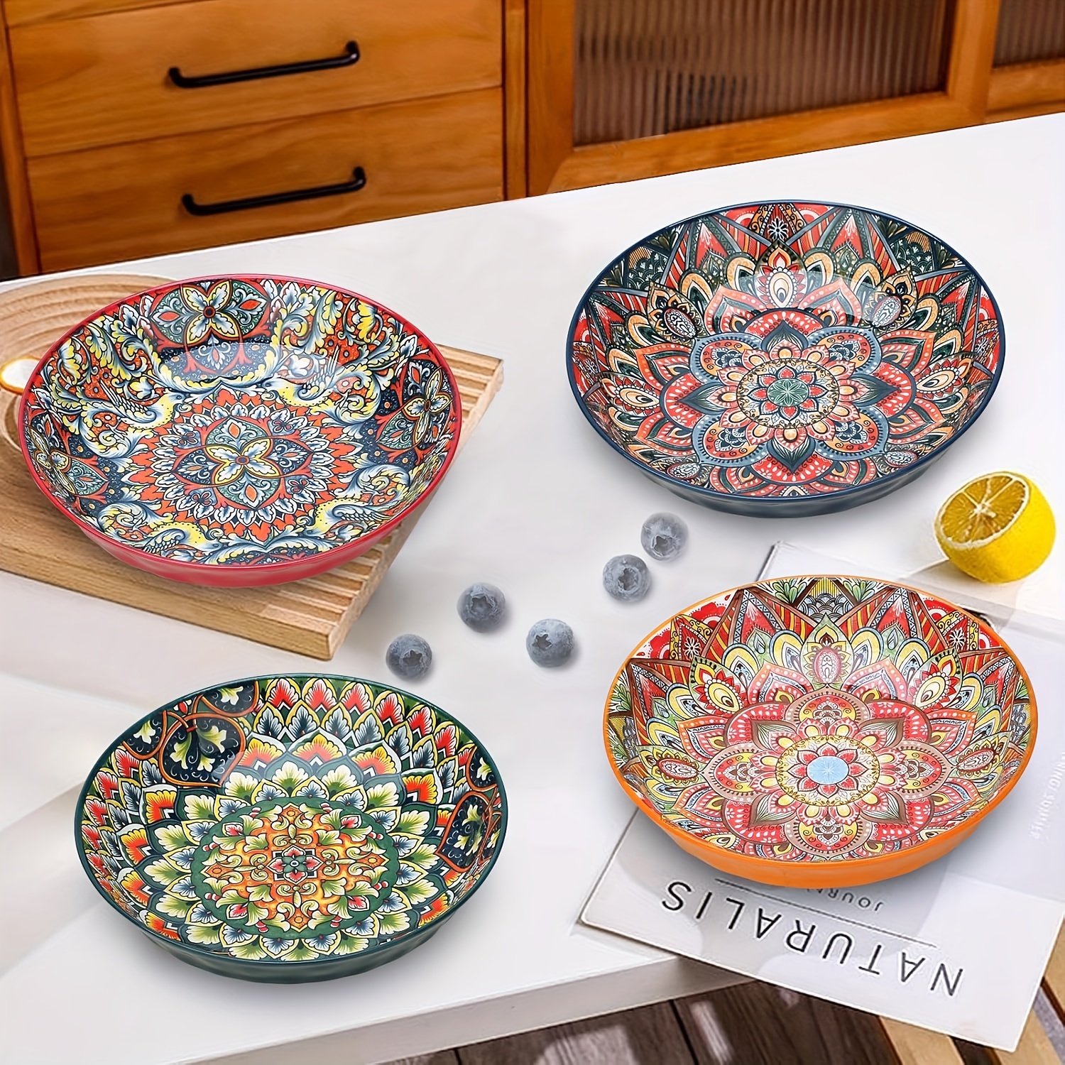 Boho Chic 2pcs Set 8 Inch Deep Ceramic Plates Floral Design for Salad Fruit Rice All Season Round Dinnerware ph225 H4