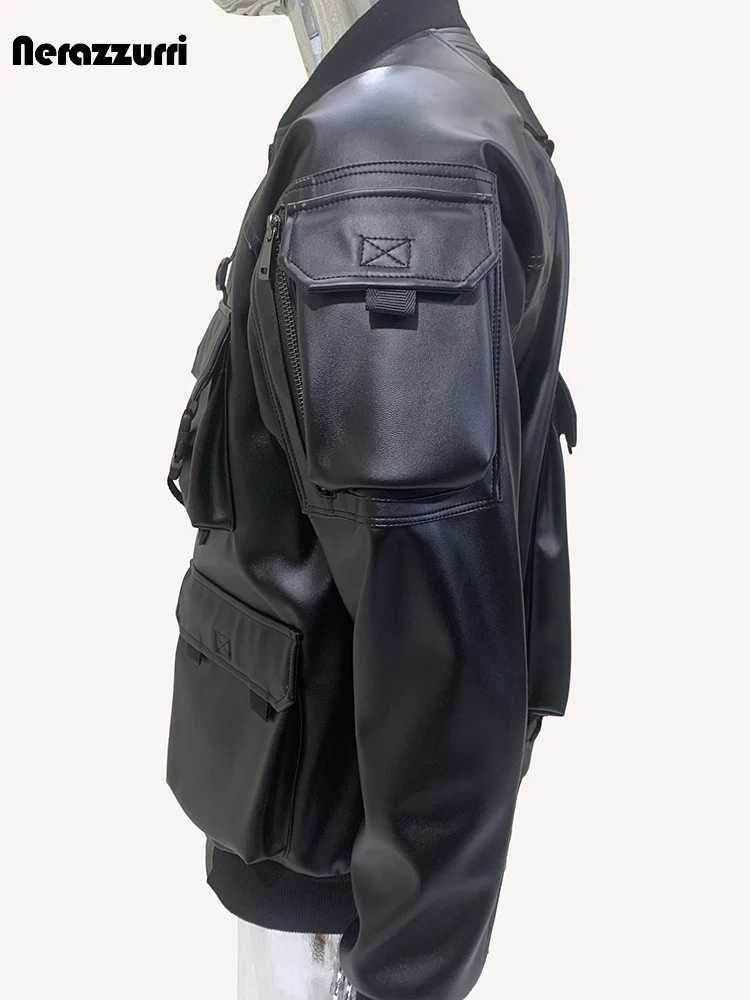 Nerazzurri Autumn Cool Handsome Waterproof Black Pu Leather Cargo Bommer Techwear Jacket Men with Many Pockets European ClothesX240913