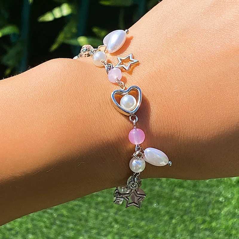 Punk Harajuku Metal Pentagram Bracelet Womens Retro Pearl Bead Bracelet Aesthetic Jewelry Y2K Accessories W240913