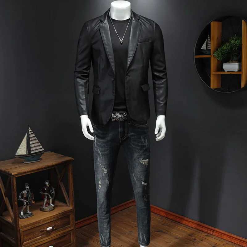 2023 New Trend Slim Fit Leather Coat Suit Mens Single Button Leather Coat Casual Small Suit Mens Korean Popular Jacket TrendX240913