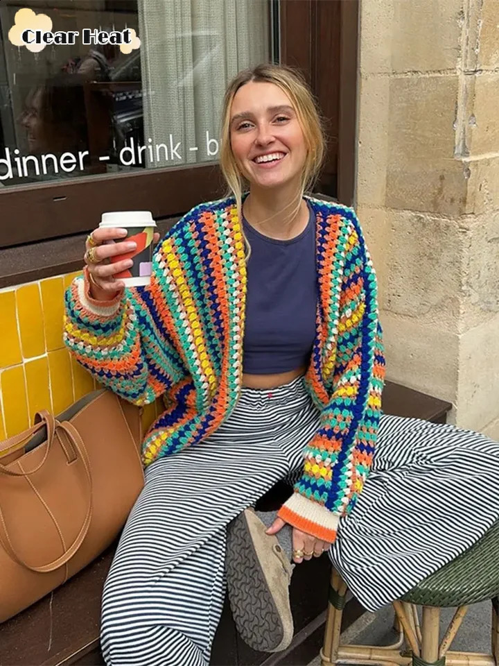Colorful Stripes Contrasting Crochet Knitted Cardigan Women Casual Long Sleeves Loose Coat Autumn Lady Commuting Street Knitwear 240904