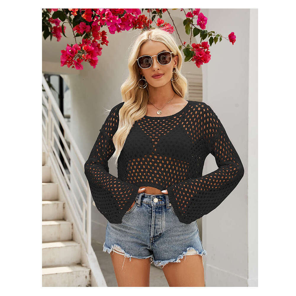 Hollow mesh knitted sweater with sexy and trendy style exposed navel top womens loose thin air-conditioned shirt