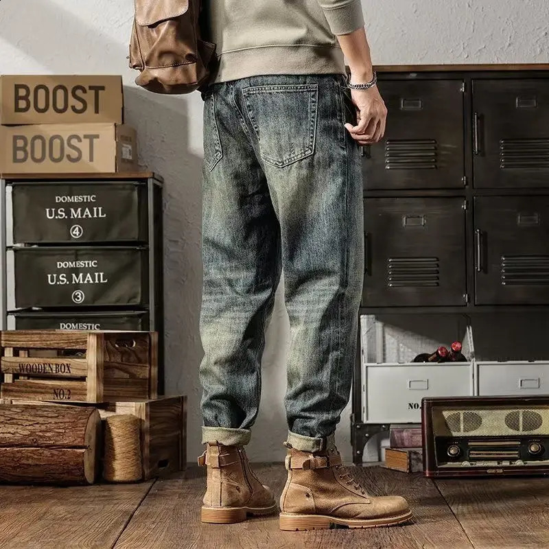 American Style Chaopai Simplicity Spring Autumn Jeans Mens Pockets Zipper Distress High Street Casual Loose Straight Pants 240911