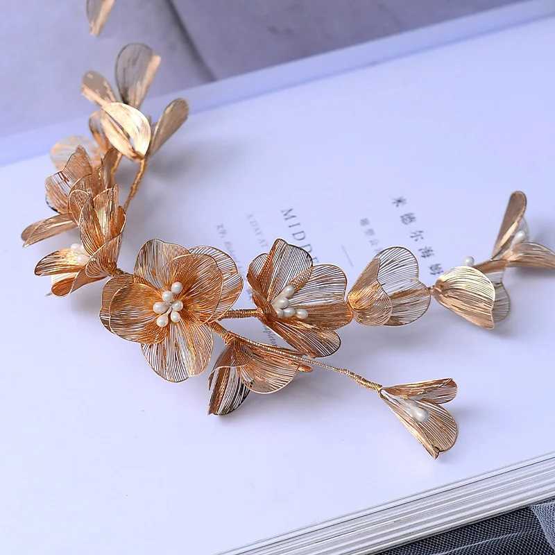 Golden Flower Hairband Bride Wedding Hair Accessories Luxury Metal Floral Crowns Beads Adjustable Tiaras Marriage Hair JewelryX240913
