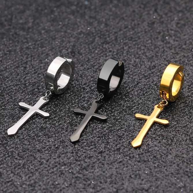 2 Pcs Stainless Steel Clip On Earrings For Women Men Black Gold Color Cross Gothic Punk Rock Drop Pendiente Non Piercing JewelryX240913