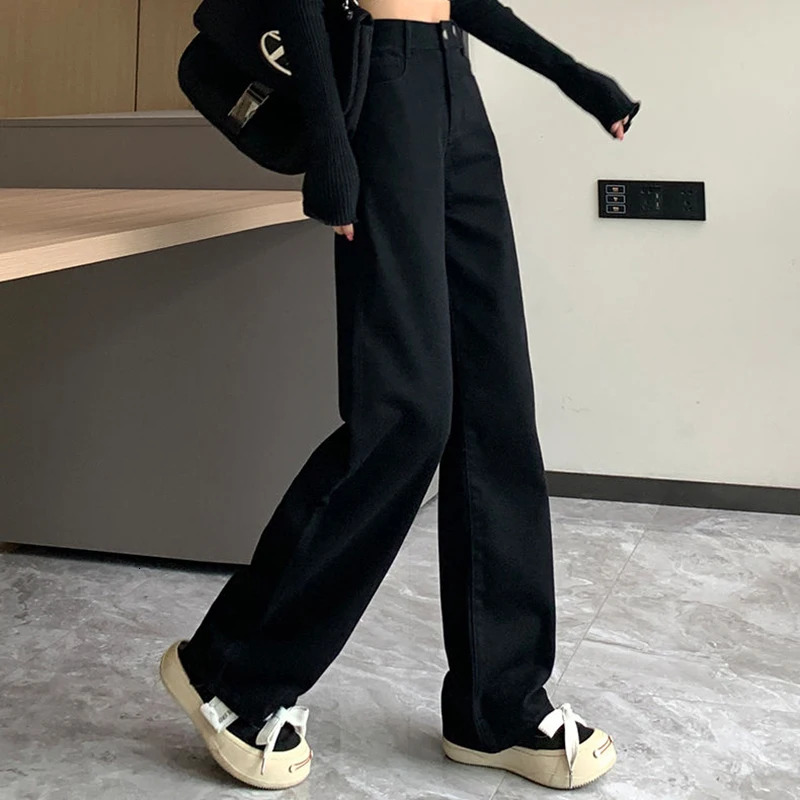 Woman High Waist Slim Fit Wide Jeans Female Y2k 2000s Casual Straight Leg Pants Girls Fashion Black Loose Denim Trouserse2024