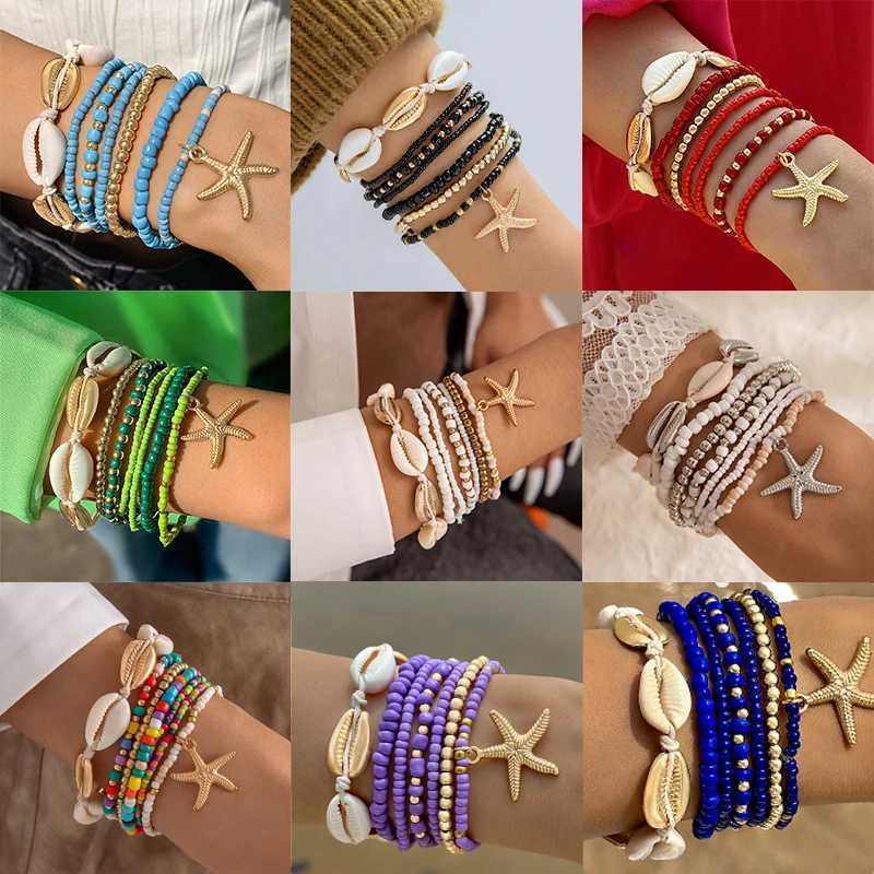 Duo Kona Bohemian Shell Starfish Bracelet Set Womens Beach Meat Multi Layer Bracelet Jewelry Party 7 Pieces/Set 25134 W240913
