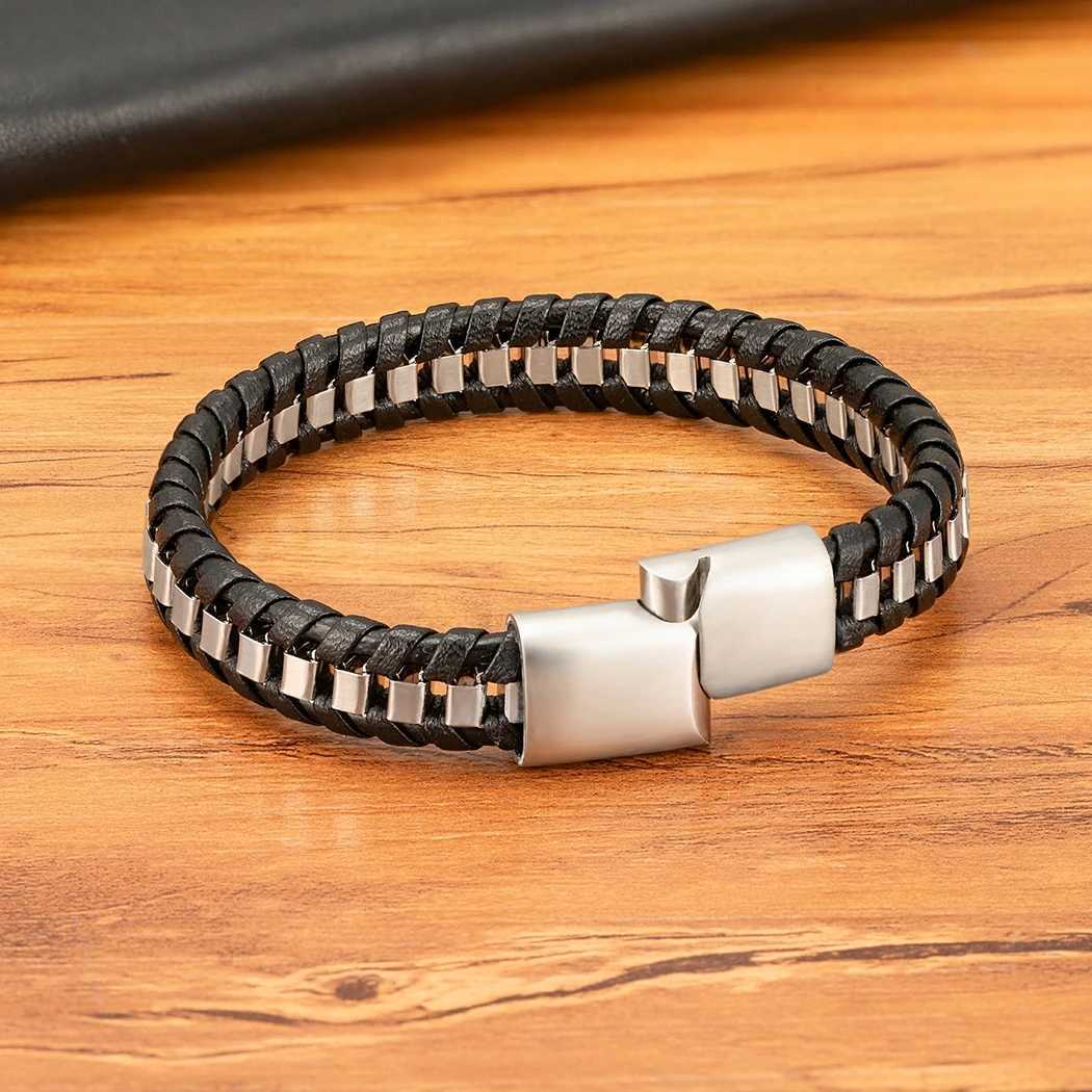 XQNI Braided Rope Woven Black Leather Men Bracelets Punk Style Stainless Steel Bangle for Friend Charm Fashion Jewelry GiftsX240913