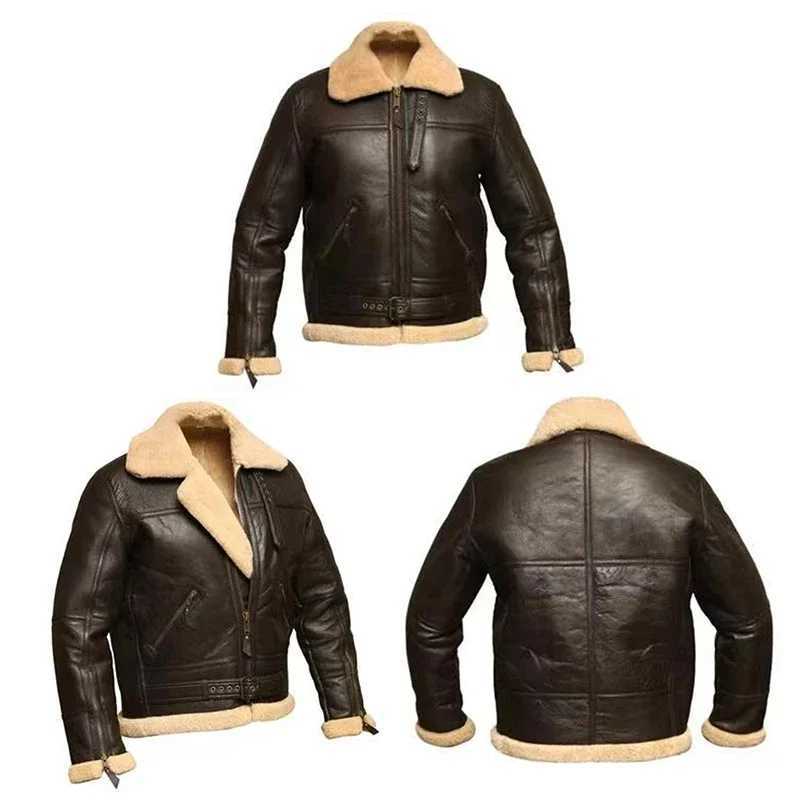 2023 Fashion PU Jacket Bomber-Coat Motorcycle Faux-Sheepskin Winter Men New Turn-Down Thick Collar Casual Coats Streetwear MaleX240913