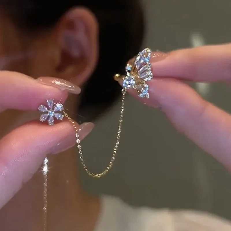 New Fashion Cute Crystal Butterfly Ear Cuff Clip Earrings for Women Charm Tassel Chain Flower Stud Earring Bride Luxury JewelryX240913