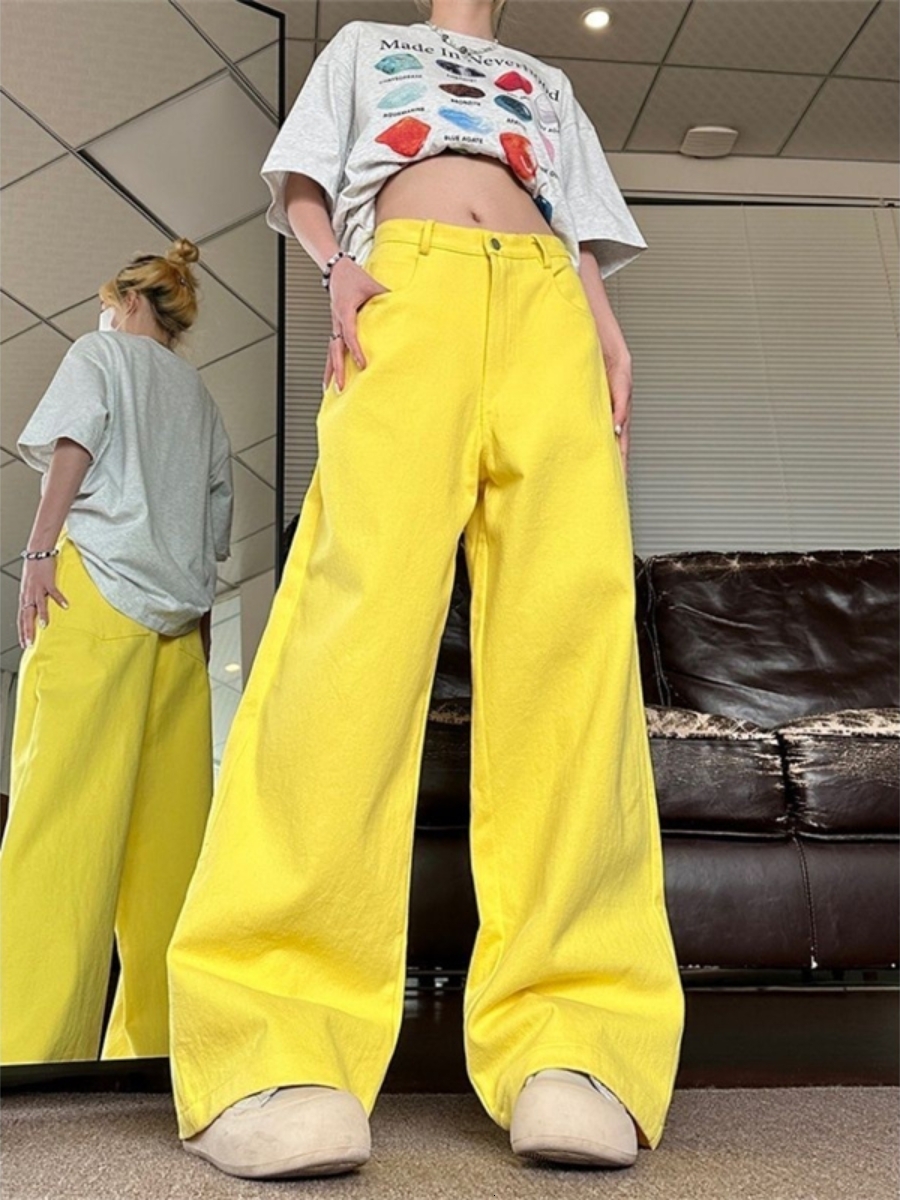 High Waist Chic Simplicity Versatile Wide Leg Baggy Jeans For Women Casual Streetwear Yellow Female Y2k Pants Denim Trousers