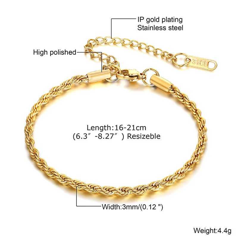 Vnox Dropship 2/3/4/5mm Twisted Chain Bracelets for Women Men Gold Color Stainless Steel Link Chain Minimalist Metal JewelryX240913