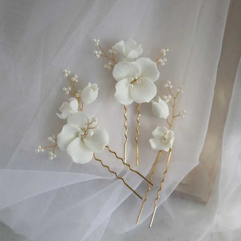 SLBRIDAL Handmade Ins Style Ceramic Flower Pearls Bridal Hair Pin Set Wedding Hair Sticker Hair Accessories Women Hair JewelryX240913