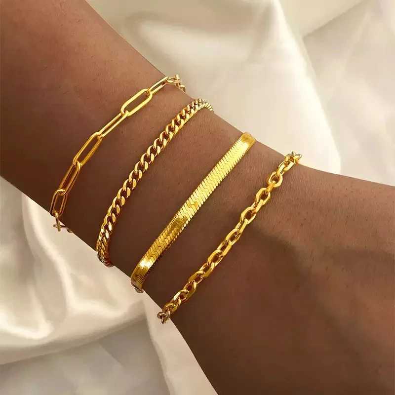 Multilayered Bracelet Gold Color Snake Paperclip Figaro Cuban Chain Stainless Steel Jewelry Male Female Bracelets FactoryX240913