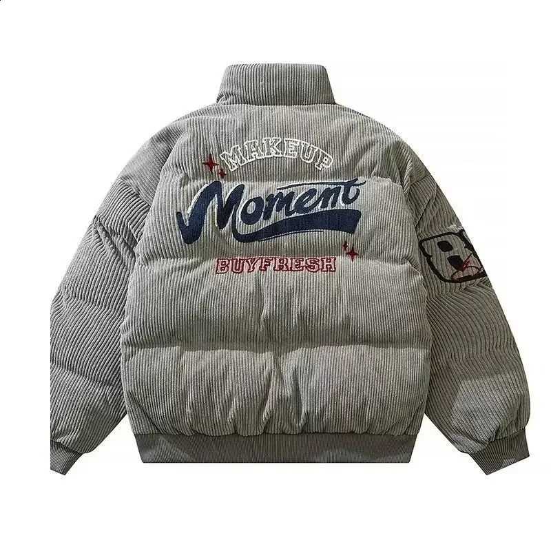 Vintage American Style Corduroy Winter Embroidery Stand Collar Cottonpadded Jacket Loose Fit Puffer Trendy Couple 240912