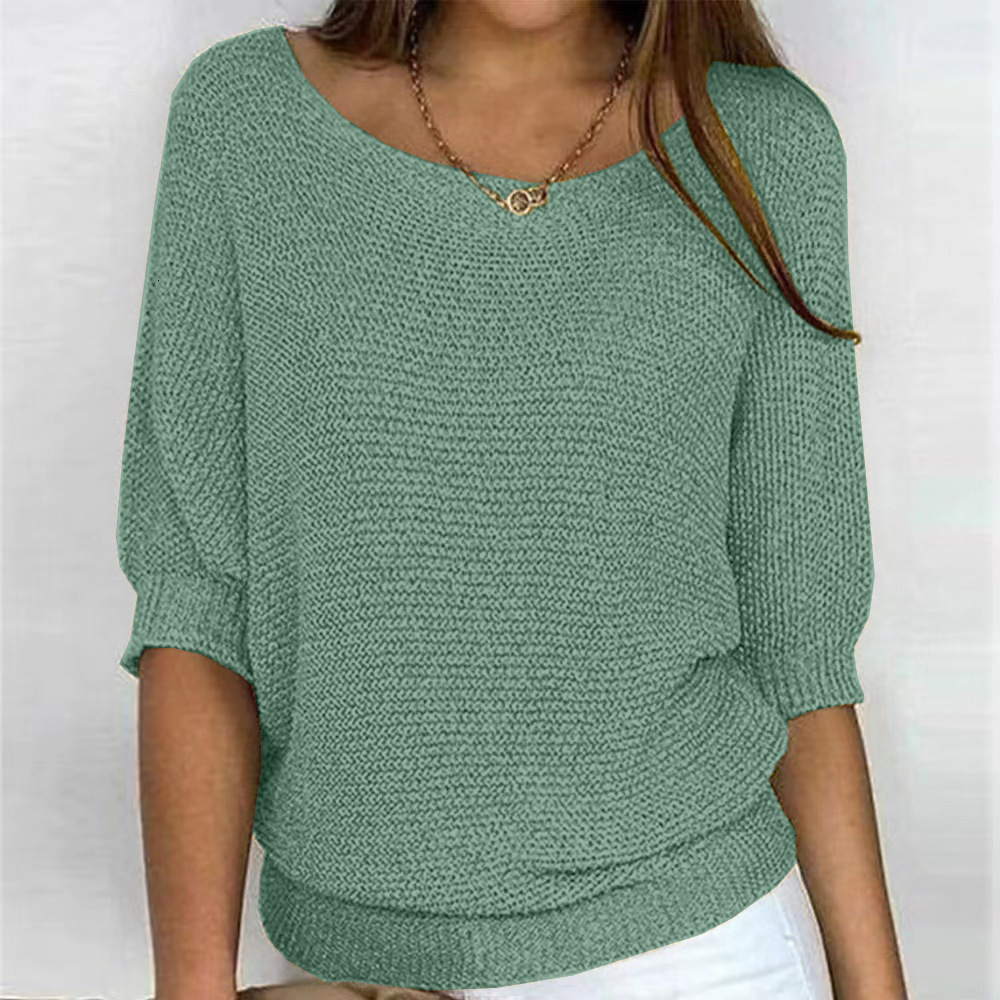2024 New Solid Color Round Neck Knitwear Women's 3/4 Sleeve Top Air Conditioned Shirt