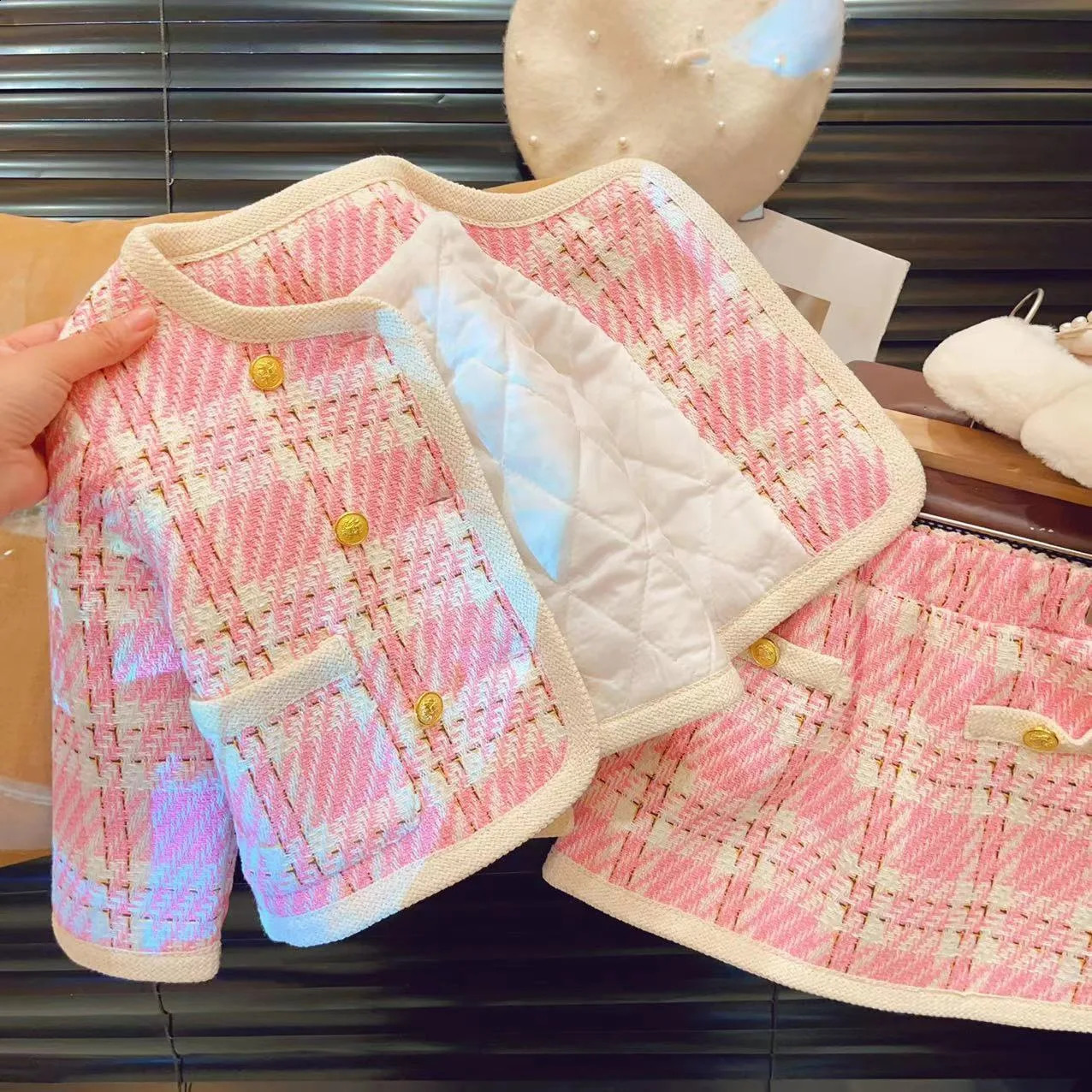 Winter Girls 2Pcs Plaid Cotton Padded Warm Sets Kids Tweed Autumn CardiganSkirt Fleece T-Shirt Birthday Girls Outfit Suits 240902