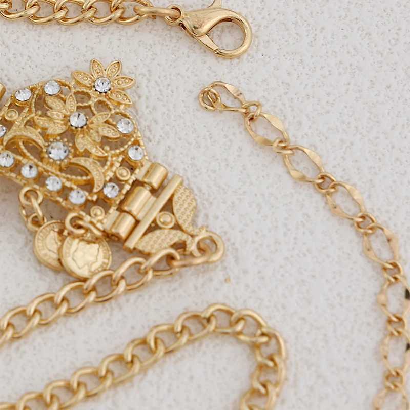 Algerian Women Hair Ornament Gold Plated With Rhinestones Plant Style Turkish Coin Arabic Headchain Wedding Party Valentine GiftX240913