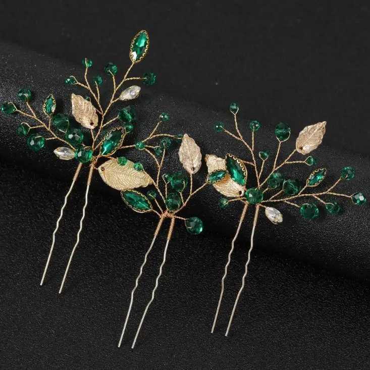 Hair Pins for Women Head Jewelry Wedding Hair Accessories Green Rhinestone Handmade Bridal Headwear Prom Bride HeadwearX240913