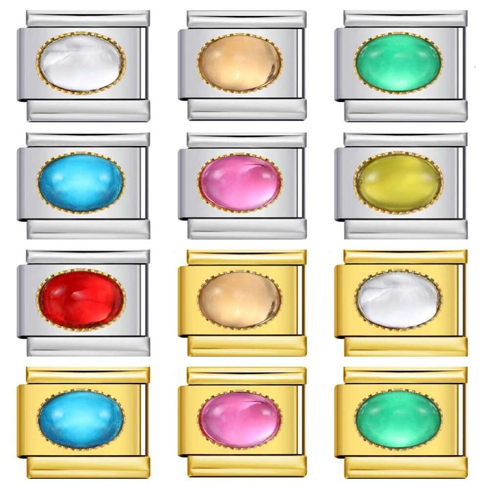 New Gold And Sier Bottom Micro Inlaid Oval Colored Stone charm DIY Welding Bracelet Italian Charm Links Stainless Steel Fit 9Mm Bracelet Jewelry DIY M