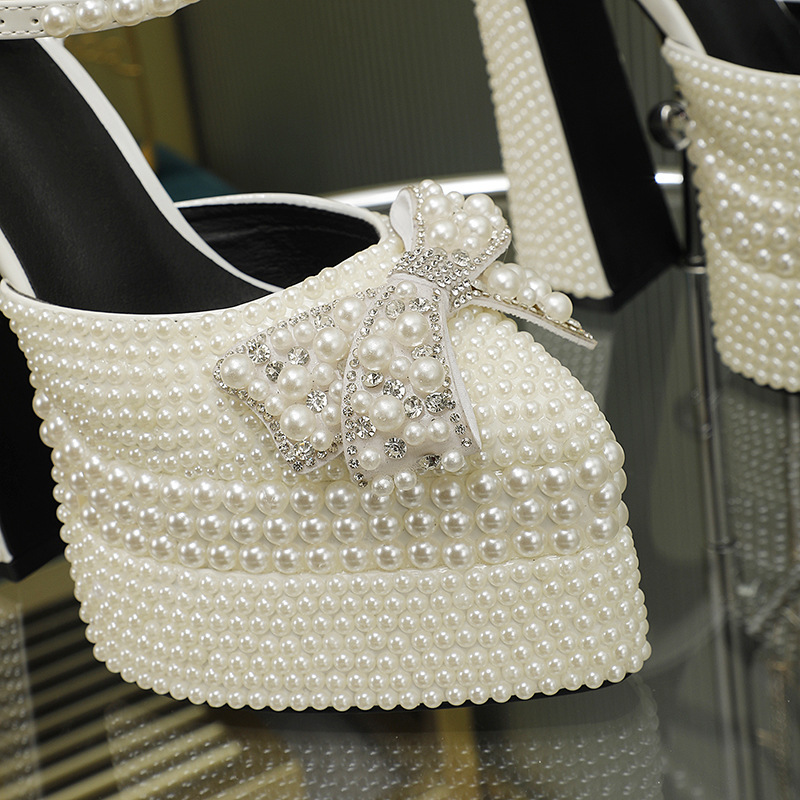 Brand Hand Inlaid Pearl/Rhinestone High Heel Sandals Wedding Bridal Party Water Platform Bow Sandals Large 42 Sexy Women's Shoes