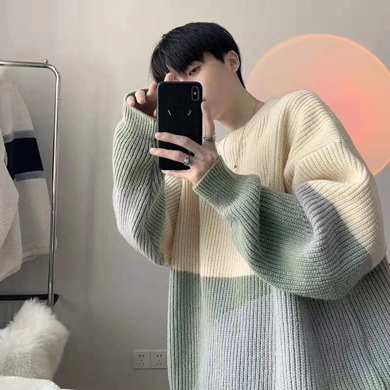 Men Sweaters Color blocking round neck sweater men autumn and winter trend thick knit sweater loose and lazy style hundred tie jacket Mens crew neck s