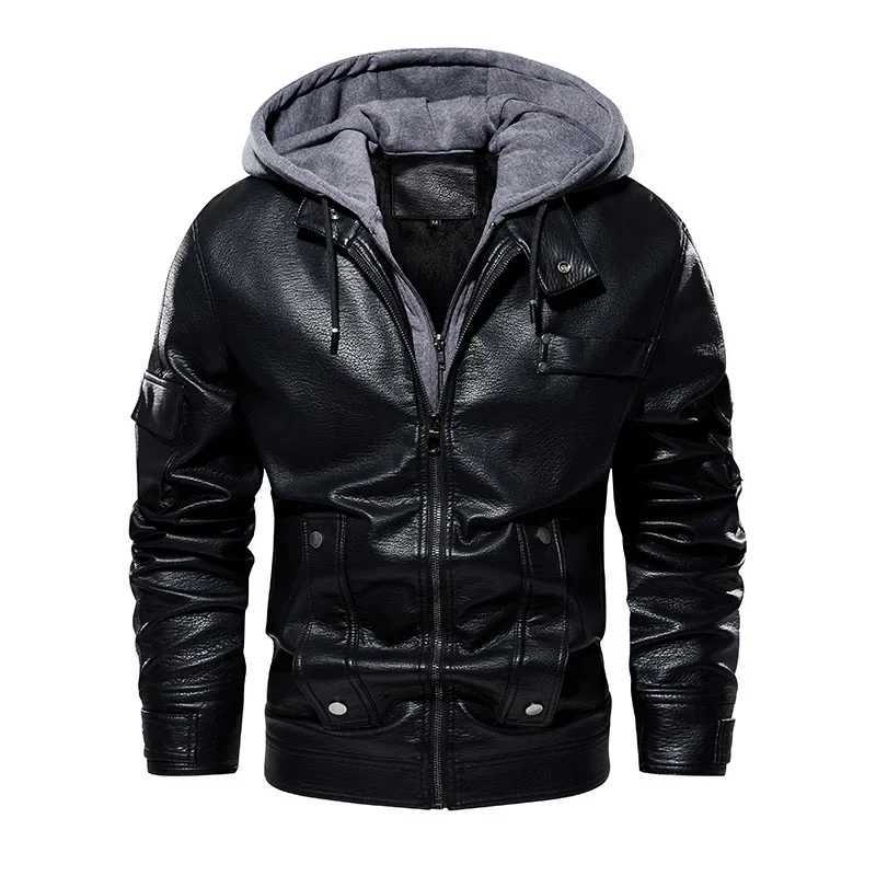 Male Brown Winter PU Leather Coat Long Sleeve Loose Hooded Khaki Zipper Jacket Men Black Windbreaker Plus Size Outerwear XxxlX240913