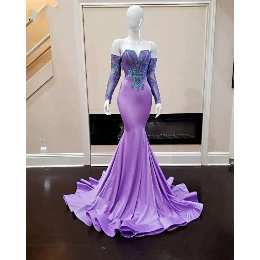 Mermaid Elegant Evening Lilac Dress Sequin Applique Simple Dresses 2023 Robes De Bal Long Sleeves Prom Party Gowns es
