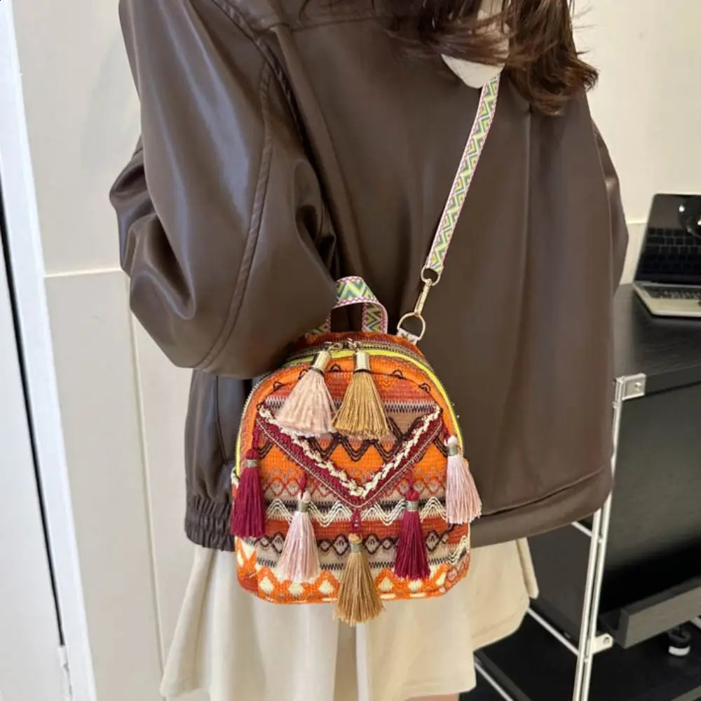 Embroidery ethnic style tassel backpack striped elementary school bag canvas tassel shoulder bag Korean style large capacity 240912