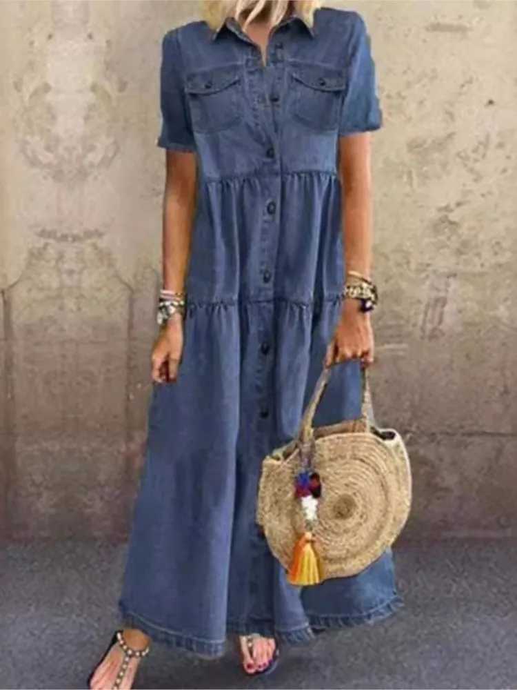 2024 Spring/Summer Womens New Denim Style Long Single Chest Multi Button Retro Short Sleeve Dress W240913