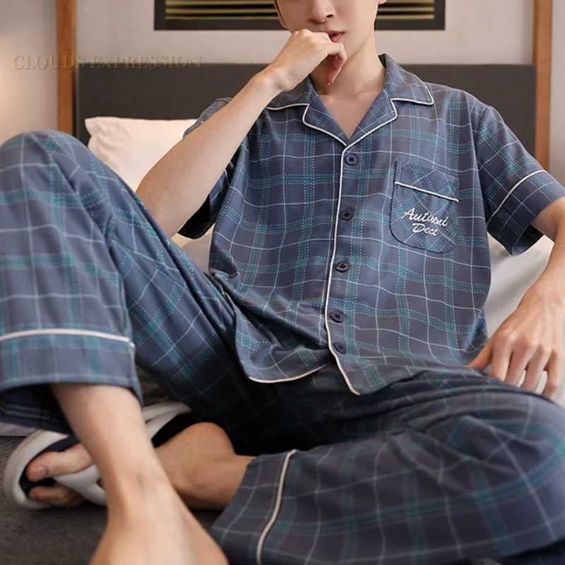 Summer Knitted Plaid Cool Mens Pyjamas Plus 5XL Pajama Sets Casual Pjs Lounge Masculine Sleepwear Nightwear Pijamas Homewear Y240913