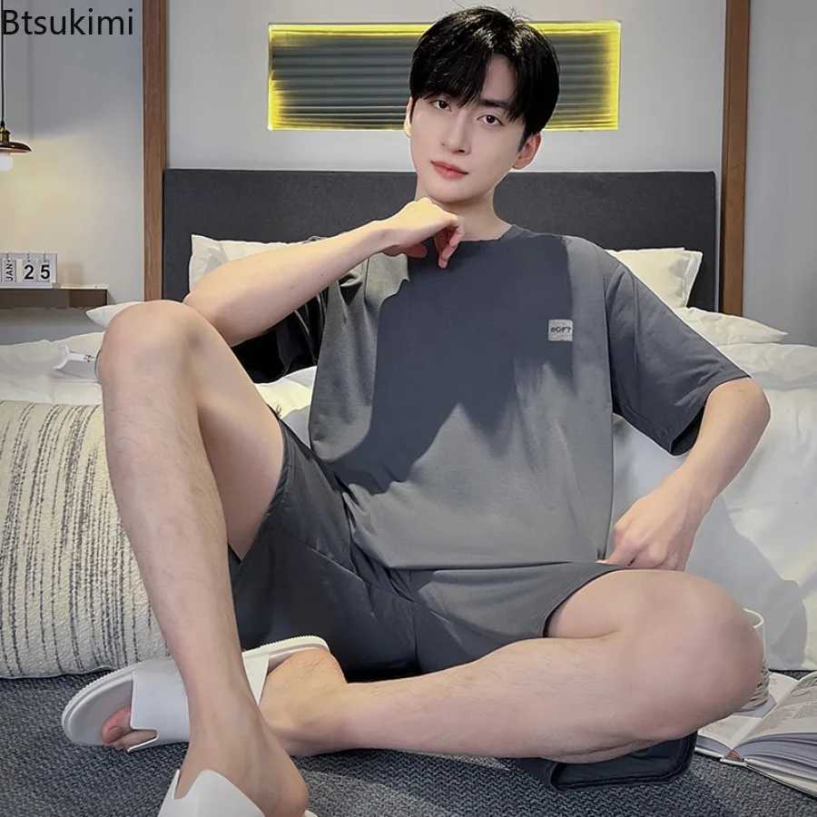 Summer New Cotton Casual Pajamas Two Piece Sets Mens Fashion Patchwork Loose Breathable Home Wear Simple Lounge Nightwear Suits Y240913